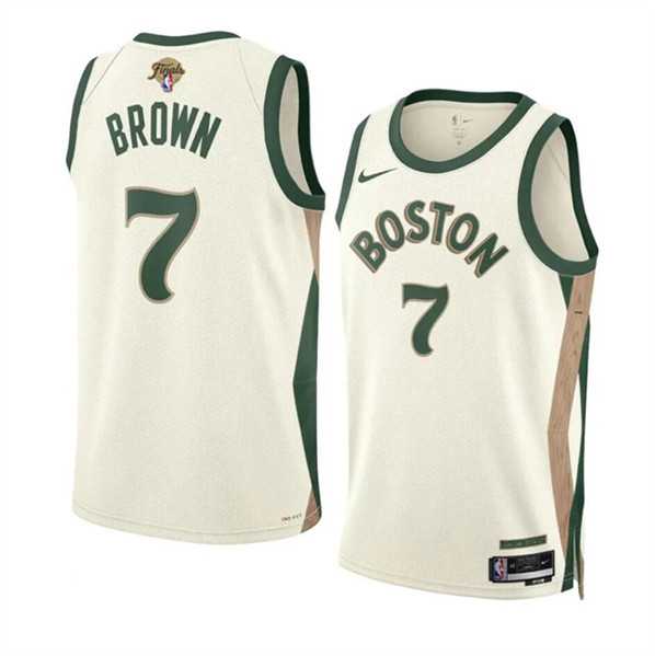 Mens Boston Celtics #7 Jaylen Brown Cream 2024 Finals City Edition Stitched Basketball Jersey Dzhi